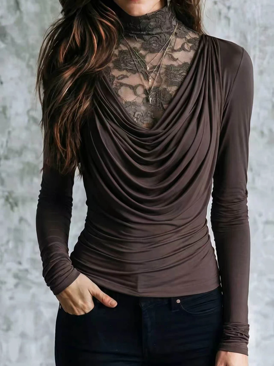 Atasan Wanita Fashion Sepanjang Musim Warna Cokelat Kopi dengan Kerah Renda Kontras dan Leher Berkerut - Coffee Brown - View 1