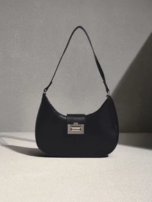 NobleVue 1pc Solid Color Vintage Minimalist PU -Shaped Women Bag - Black - View 1