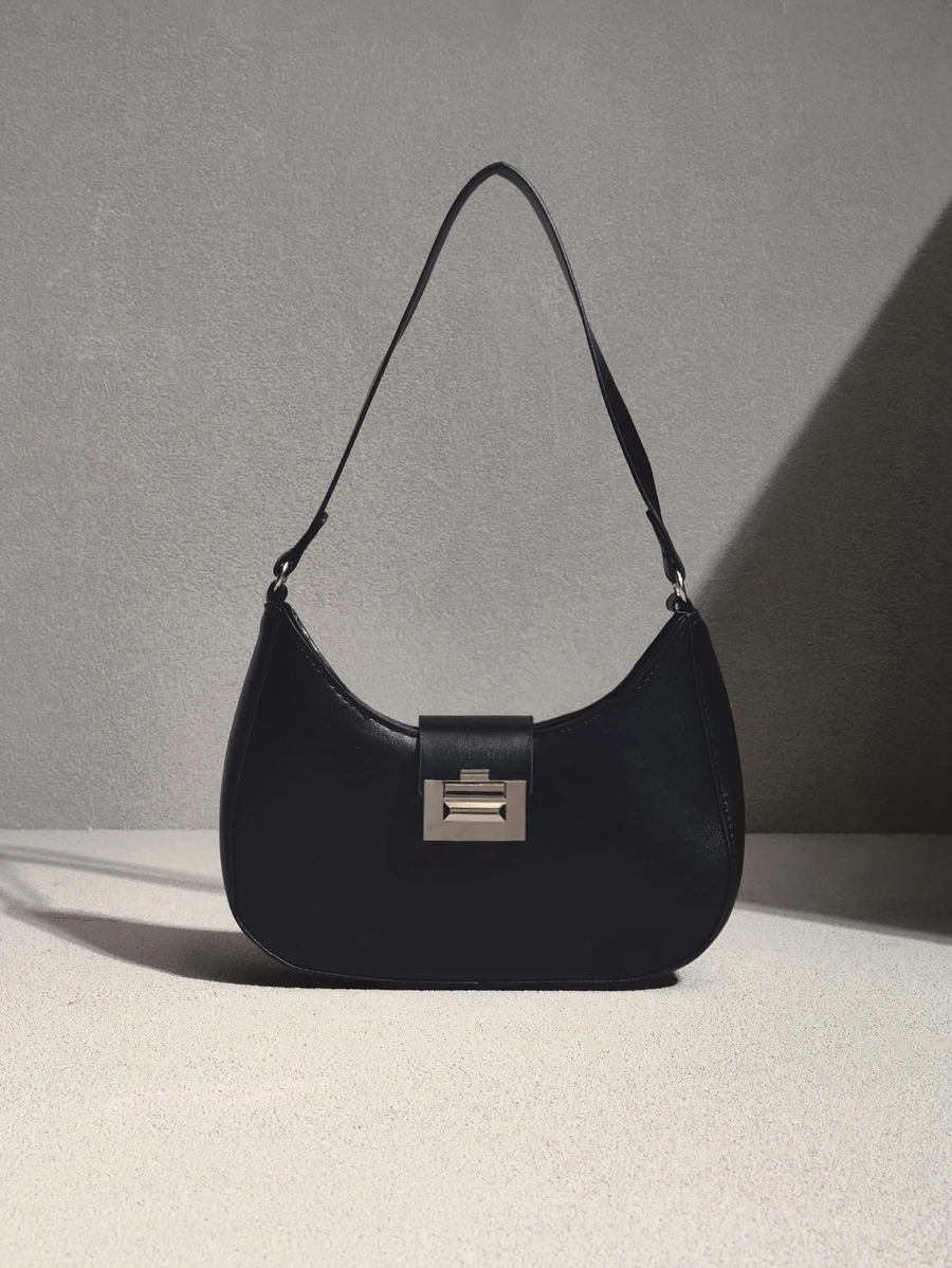 NobleVue 1pc Solid Color Vintage Minimalist PU -Shaped Women Bag - Black - View 1