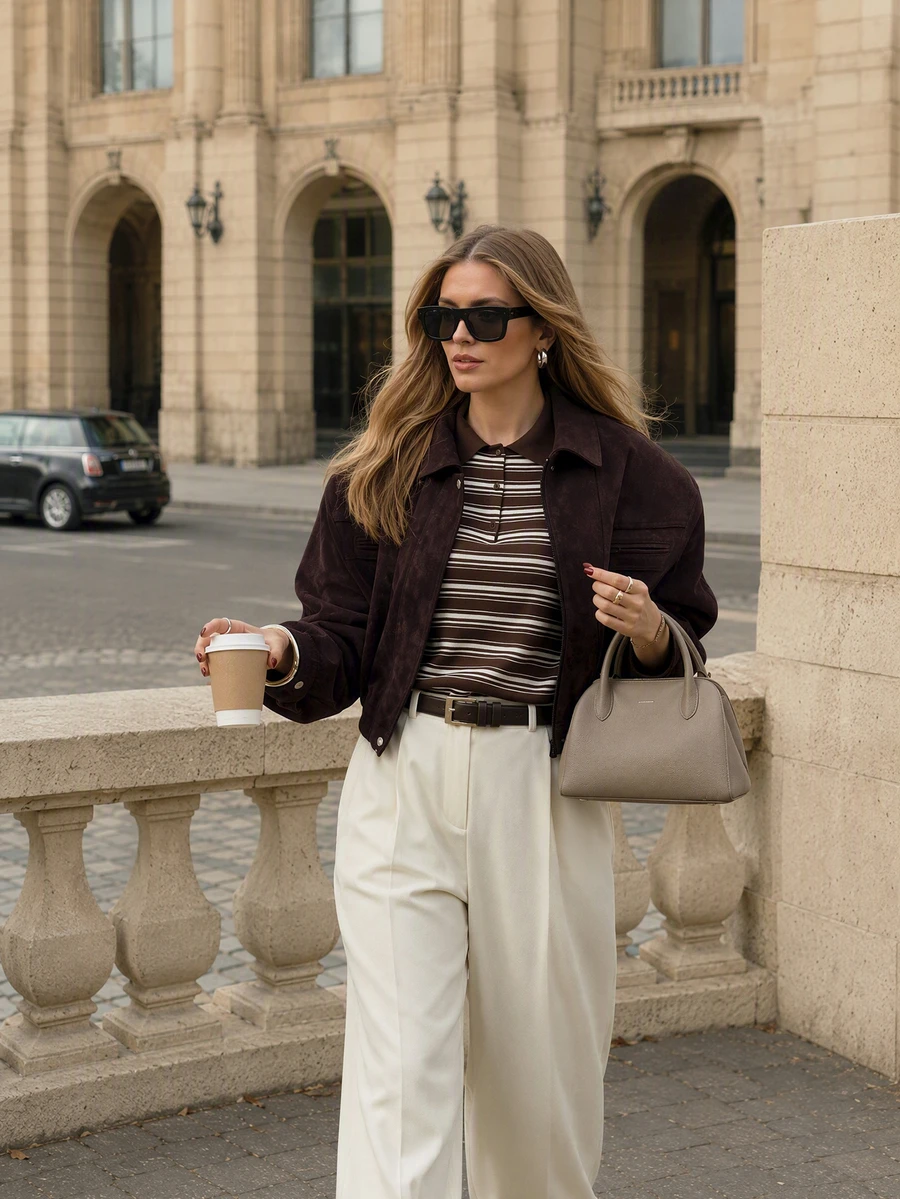 Women Fall Fashion Casual Vintage Brown Suede Loose Long Sleeve Jacket For Office Work Going Out Vacation - Brownish Red - View 1