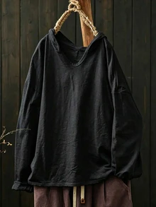 Plus Size Women Vintage Long Sleeve Hooded Shirt, Drop Shoulder Solid Color Top - Black - View 1