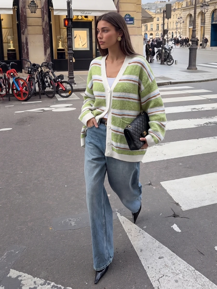 2026 Autumn/Winter New Fashion French Contrast Color Striped Soft V-Neck Loose Knit Cardigan Top, Suitable For Autumn Outfits, Outings, Dates, Holidays, Back To School, Graduation, Commuting, Street Style, Halloween