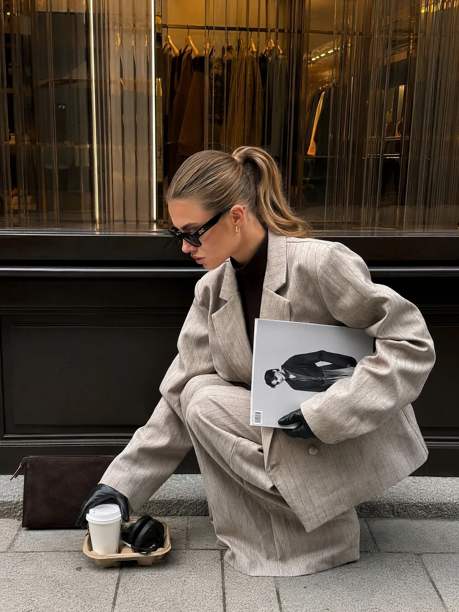 Women Fall Fashion Elegant Casual Beige Pin Stripe Long Sleeve Blazer & Wide Leg Pants 2 Pieces Set For Office Work Going Out - Beige - View 1
