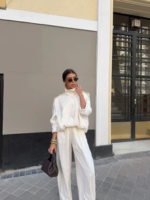 Women's Minimalist Silhouette Aviator Jacket With Stand Collar And Single-Breasted Button, Autumn Outerwear - White - View 4