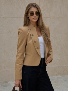Solstice Apparel Women Khaki Stand Collar Cropped Blazer, Vintage Metal Badge Button Fitted Jacket - Camel - View 2
