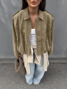 Women's Regular Fit Faux Suede Long Sleeve Single-Breasted Loose Casual Jacket, Suitable For Spring Wear - Khaki - View 3