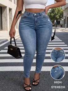 Autumn Fashion Slimming Plus Size Women's Casual Daily Commute Minimalist Versatile Distressed Skinny Jeans - Blue - View 4
