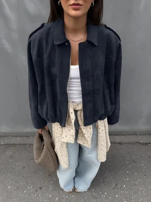 女款標準版型仿麂皮長袖單排扣寬鬆休閒夾克，適合春季穿著 - 藏青 - 查看 3