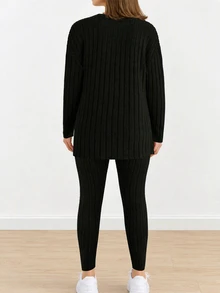 Plus Size Women Solid Color Round Neck Long Sleeve Ribbed Casual Sportswear 2 Pieces Set, Autumn/Winter - Black - View 2