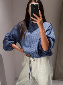 Women's Plaid Elastic Hem Long Sleeve Shirt, Casual Style, Button Front, Checkered Pattern - Blue - View 2