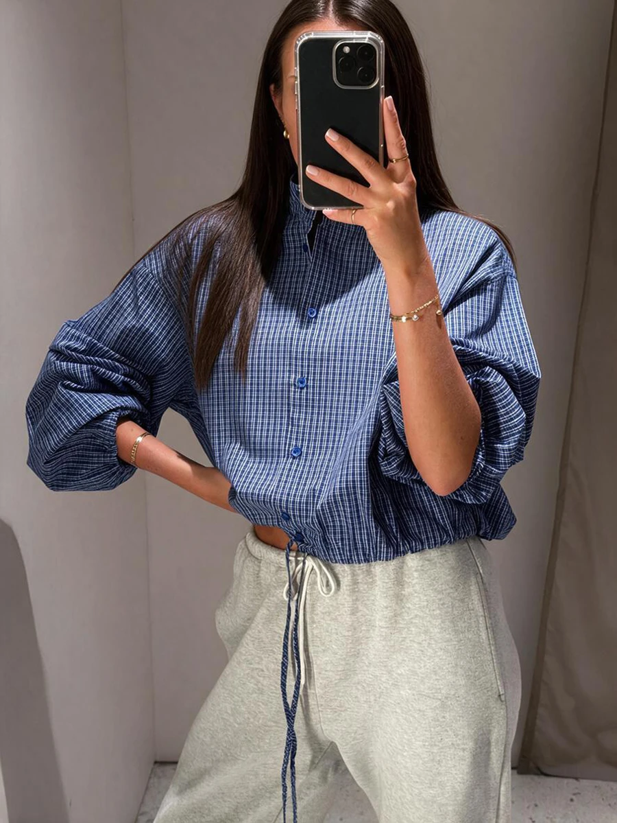 Women's Plaid Elastic Hem Long Sleeve Shirt, Casual Style, Button Front, Checkered Pattern