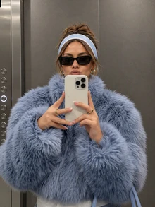 Women Fall Winter Elegant Casual Blue Faux Fur Long Sleeve Short Jacket For Daily Going Out Party - Blue - View 4