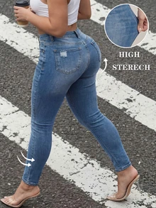 Autumn Fashion Slimming Plus Size Women's Casual Daily Commute Minimalist Versatile Distressed Skinny Jeans - Blue - View 2