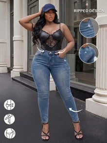 Autumn Fashion Slimming Plus Size Women's Casual Daily Commute Minimalist Versatile Distressed Skinny Jeans - Blue - View 3