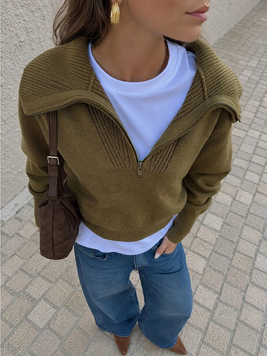 Women's New Autumn/Winter Polo Collar Knitted Sweater, Casual Daily, College Style, Commuting - Green Camel - View 1