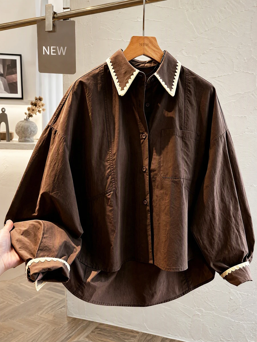 Solstice Apparel Women's Yellow Shirt, Contrast Embroidery Collar, Loose Oversized Long Sleeve Pocket Casual Artistic Style Blouse - Brown - View 1