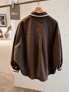 Solstice Apparel Women's Yellow Shirt, Contrast Embroidery Collar, Loose Oversized Long Sleeve Pocket Casual Artistic Style Blouse - Brown - View 2