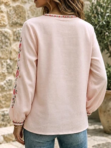 Plus Size Women's Floral Print Bohemian Casual Vacation Long Sleeve Top - Pink - View 2