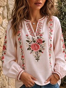 Plus Size Women's Floral Print Bohemian Casual Vacation Long Sleeve Top - Pink - View 1