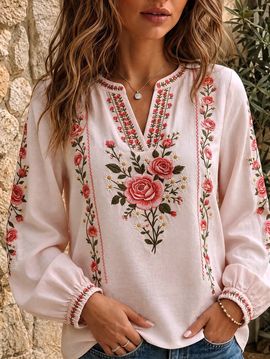 Plus Size Women's Floral Print Bohemian Casual Vacation Long Sleeve Top - Pink - View 1
