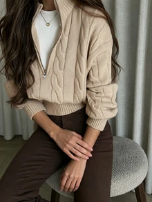 女款新款秋季針織毛衣 優雅通勤休閒日常大學旅行穿搭 - 杏色 - 查看 1