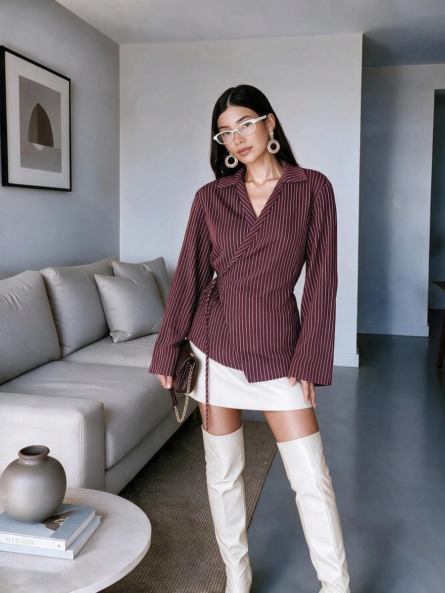Women's Casual Striped Side Waist Tie Fashion Shirt - Burgundy - View 1