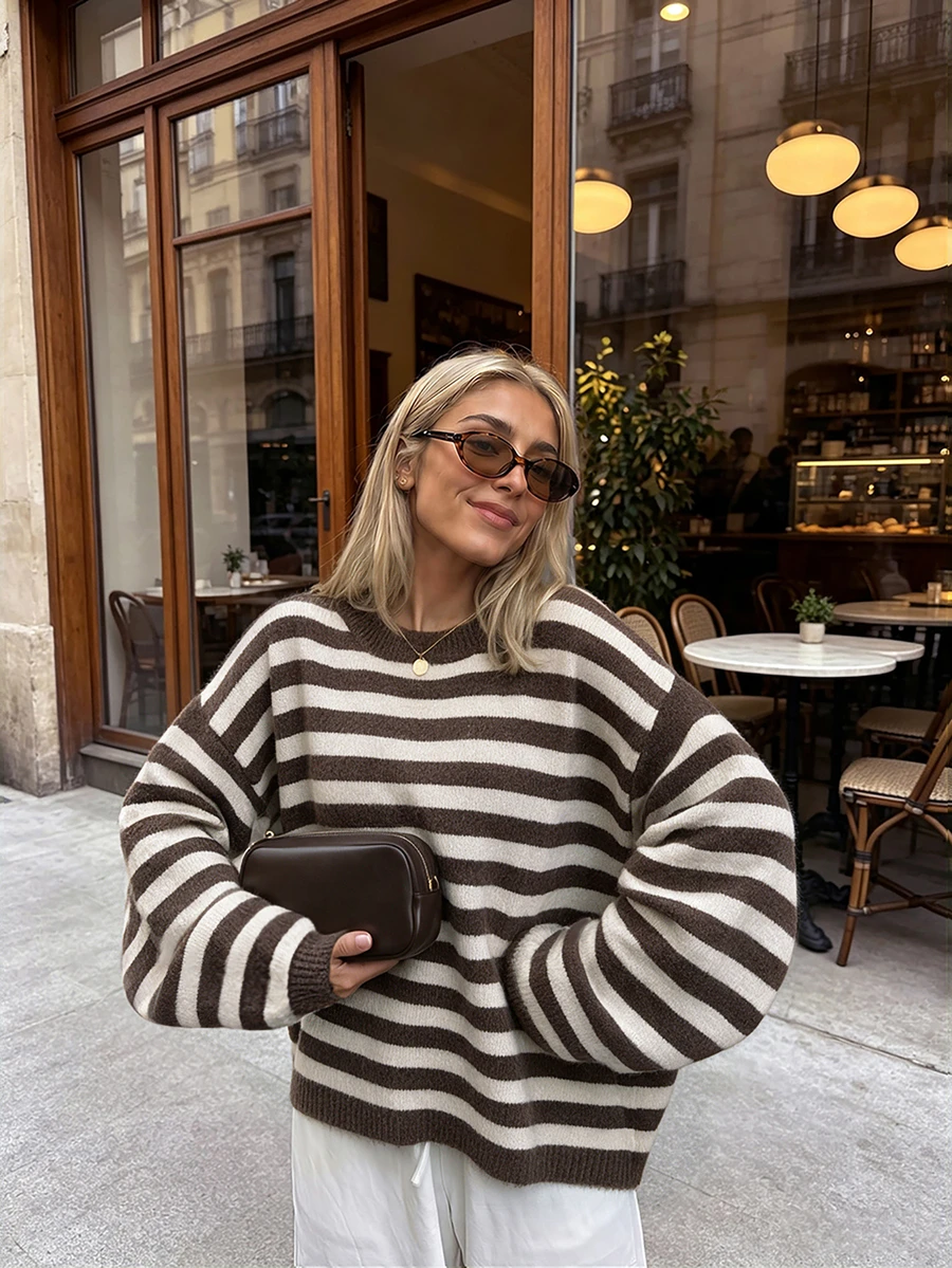 Women's New Autumn Colorblock Striped Knit Sweater For Daily Commute, College, Travel - Flower Coffee - View 1