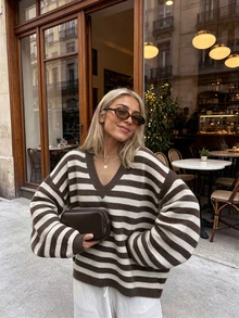 Women's Autumn New Color-Block Striped Knit Sweater, Casual Commute, College, Travel - Flower Coffee - View 6