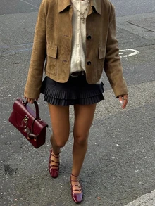Women's Fashion Versatile Suede Short Jacket, Round Neck Long Sleeve Button Front Winter Coat, Street Style - Camel - View 4