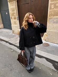 Autumn New Women's Elegant High Neck Overcoat, Solid Color Double-Breasted Casual Overcoat - Black - View 1