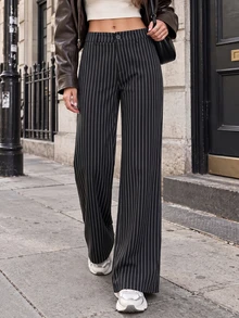 Women's Black Polyester Pinstripe Wide Leg Pants, Zipper And Button Closure, Long Non-Stretch Formal Trousers - Multicolor - View 1