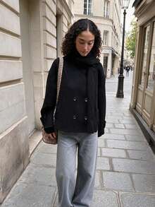 Autumn New Women's Elegant High Neck Overcoat, Solid Color Double-Breasted Casual Overcoat - Black - View 2