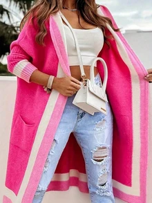 Plus Size Women 2026 Must Have Fall Winter Hooded Long Cardigan,Long Sleeve Color Block ,Fashion Chic Daily GoingOut - Hot Pink - View 1
