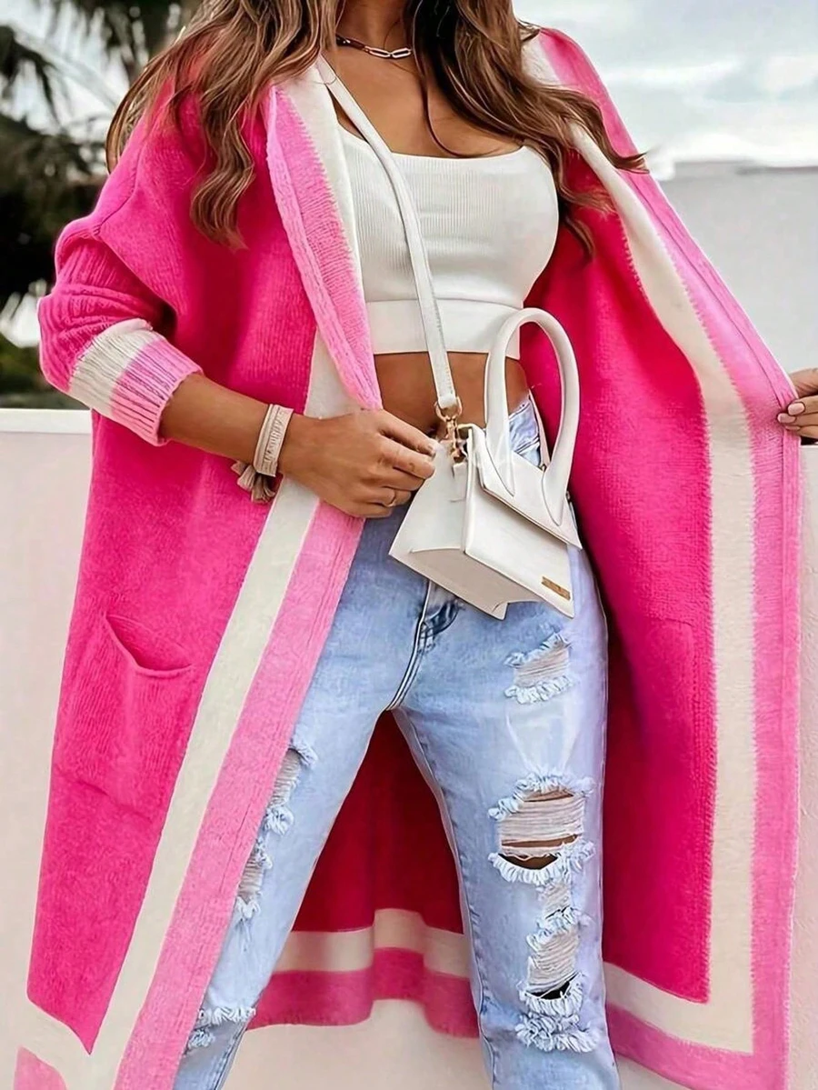 Plus Size Women 2026 Must Have Fall Winter Hooded Long Cardigan,Long Sleeve Color Block ,Fashion Chic Daily GoingOut - Hot Pink - View 1