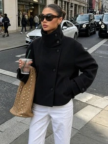 Women's Autumn/Winter Elegant High-End Stand Collar Button-Up Short Overcoat, Commuter Minimalist Loose Versatile Thick Wool Blend Jacket - Dark Grey - View 1