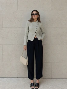 Women Fall Fashion Elegant Casual Green Stand Collar Asymmetric Button Short Long Sleeve Jacket For Office Work Going Out Vacation - Olive Green - View 2