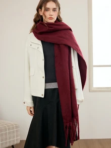 Okurime. 1pc Solid Color Scarf, Warm Neck Accessory For Winter, Thick Knitted Fringed Shawl, Suitable To Pair With Dresses - Burgundy - View 2