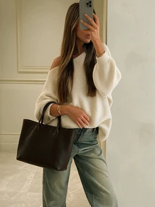 Fall Winter Women Sweaters Elegant Casual Chic Apricot Off Shoulder Asymmetrical Neck Ribbed Batwing Sleeve Loose Knitwear Top - Off-white - View 3