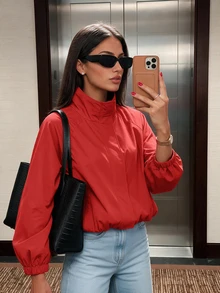 Women's Bright Red High Neck Zipper Top, Casual Long Sleeve Lightweight Jacket, Suitable For Spring And Autumn - Red - View 4