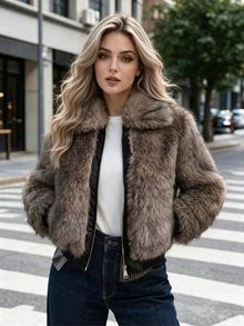 Women's Slim Fit Faux Fur Coat, Winter Zipper Street Style Jacket With Large Collar And Pockets - Sepia - View 2