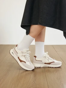 Okurime. PU Synthetic Leather New Round Toe Lace-Up Colorblock Multi-Functional Fashion Versatile City Outdoor Style Women's Casual Sports Shoes - Khaki - View 3