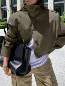 Women's New Arrival Spring/Autumn Short Trench Jacket, Casual Button-Front Coat With Pockets Fall - Army Green - View 5