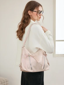 Okurime. Bowknot Backpack For Women, Fashionable Korean Style Tote Bag With Large Capacity, Suitable For Traveling, Walking And Shopping ,Pink Bag - Pink - View 3