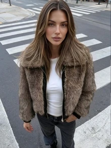 Women's Slim Fit Faux Fur Coat, Winter Zipper Street Style Jacket With Large Collar And Pockets - Sepia - View 9