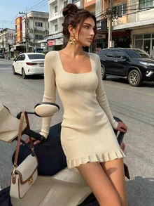 FOR BEAUTY Fall Winter Women Sweaters Casual Vacation Y2K Apricot Square Neck Long Sleeve Ruffle Hem Slim Fit Bodycon Knit Sweater Dress - Cocoa Apricot - View 1