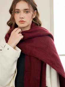 Okurime. 1pc Solid Color Scarf, Warm Neck Accessory For Winter, Thick Knitted Fringed Shawl, Suitable To Pair With Dresses - Burgundy - View 4