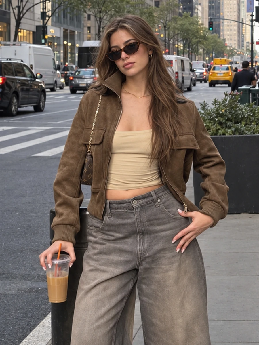 Women's Fashion Vintage Faux Suede Stand Collar Zip-Up Cardigan Field Jacket, 2026 Autumn Street Style Short Jacket With Pockets - Coffee Brown - View 1