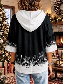 Women's Plus Size Christmas Snowman Print Sweatshirt, Casual 3/4 Sleeve Drawstring Pullover - Black and White - View 2