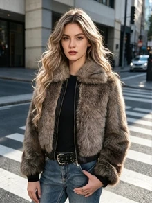 Women's Slim Fit Faux Fur Coat, Winter Zipper Street Style Jacket With Large Collar And Pockets - Sepia - View 3