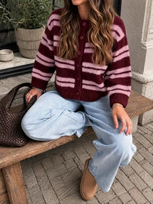 Women's New Autumn/Winter Striped Crew Neck Long Sleeve Knit Top For Commute - Jujube Red & Peach Pink - View 8
